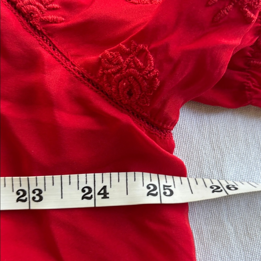 THE GREAT. Vibrant Red Silk Embroidered Floral Design Peasant Short Sleeve Top - Picture 9 of 12